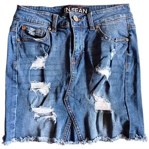 ENJEAN Women's Denim Skirt Blue Stretch Distressed Frayed Above Knees SMALL